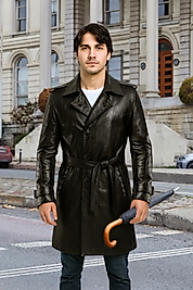 Patrick Hakiki Deri Erkek Siyah Kuşaklı Pardesü