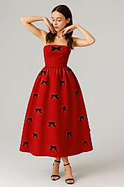 Kız Çocuk Fiyonk Detaylı Midi Boy Kırmızı Elbise