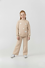 3 - 10 Yaş Arası Kelebek Desenli Üçiplik Şardonlu Oversize Kesim Kız Çocuk Takımları