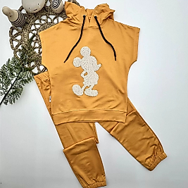 3-4-5 Yaş Kapşonlu Payetli Mickey Desenli Kısa Kol 2li Kız Erkek Çocuk Takımı Sarı