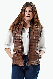 Maya Hakiki Deri Kadın Taba/Siyah Çift Taraflı Kapüşonlu Şişme Yelek