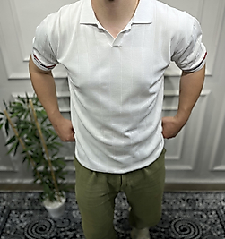 Çizgi Şeritli Polo Yaka Triko - Beyaz