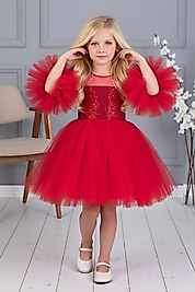 Kol Detaylı Ponponlu Tokalı Kırmızı Renk Çocuk Abiye Aby458