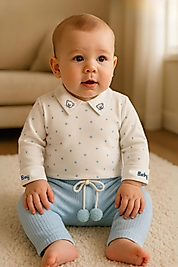Yakalı Erkek Bebek Takım 3-12 Ay Puantiyeli Üst Mavi Pantolon