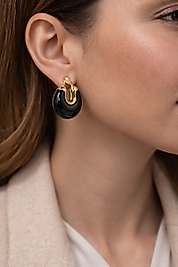 Siyah Detaylı Kalın Halka VIP Çelik Küpe – 14K Altın Renk