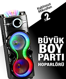 Büyük Boy 40W 10 İnç x2 Speaker Karaoke 2x Kablosuz Mikrofon Bluetooth Hoparlör