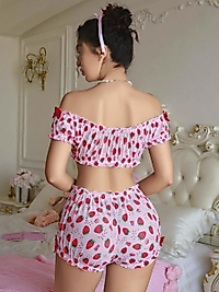 Kadın Pembe Çilek Desenli Fantezi Şort takım 2156