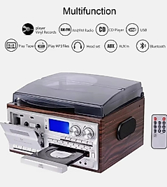 Knstar KN-110 Kahverengi Bluetooth Kumandalı Cdli Kaset USB Radyo 33-45-78 Plaklar Çalar Pikap