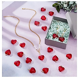( 6 X ADET ) 1 SET RED HEART ŞEFFAF CAM KIRMIZI KALP BİLEKLİK & KÜPE & KOLYE