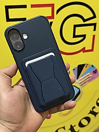 İphone 16 Plus Kartlıklı Standlı Deri Telefon Kılıfı Lacivert