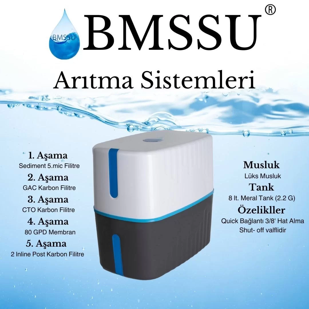 BMS Su Arıtma 5 Aşamalı 8 Lt Çelik Tanklı Pompasız Multi mineralli Su Arıtma Cihazı Premium Seri