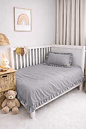 %100 Pamuk Farbalalı / Fırfırlı Nevresim Takımı Gri