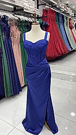 Dolorosa Saks Mavi Korseli Güpür Boncuk İşlemeli Balık Abiye