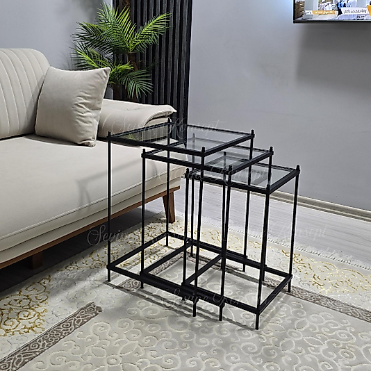 3 lü Vera Black Şeffaf Camlı, Çok Amaçlı Metal Zigon Yan Sehpa