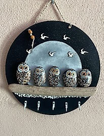 Owl Theme Stone Driftwood Painting Keychain Hanger