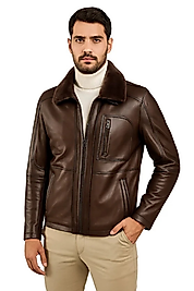 Carlos Hakiki Deri Erkek Kestane Seyyar Kürk Yaka Mont