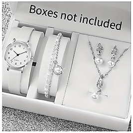 ( 6 X PARÇA ) TIME WHITE SAAT + KALP KUPE +KOLYE + BİLEKLİK + YÜZÜK TAKI SETİ BEYAZ