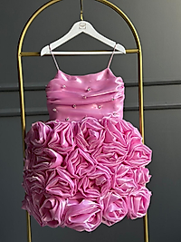 Kız Çocuk Pembe Renk Gül Detaylı Elbise