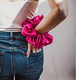 Fuşya Lüx Saten Büyük Boy Scrunchie, Simit Toka