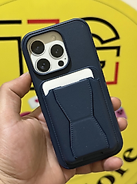 İphone 16 Pro Kartlıklı Standlı Lacivert Deri Telefon Kılıfı