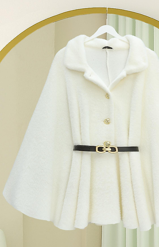 Gold Düğme Detay Kemerli Alcantara Panço Ekru Renk STD Beden