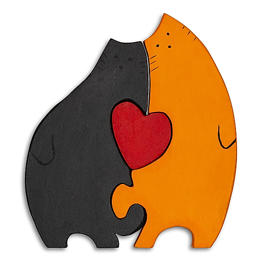 El Yapımı Ahşap Kedi Çifti Biblo – Kalpli Puzzle Tasarım
