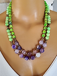 MOR AKİK -YEŞİL VARASİT -HEMATİT  DOĞALTAŞ KOLYE