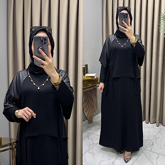 Tasarım ikili deri detaylı Elbise