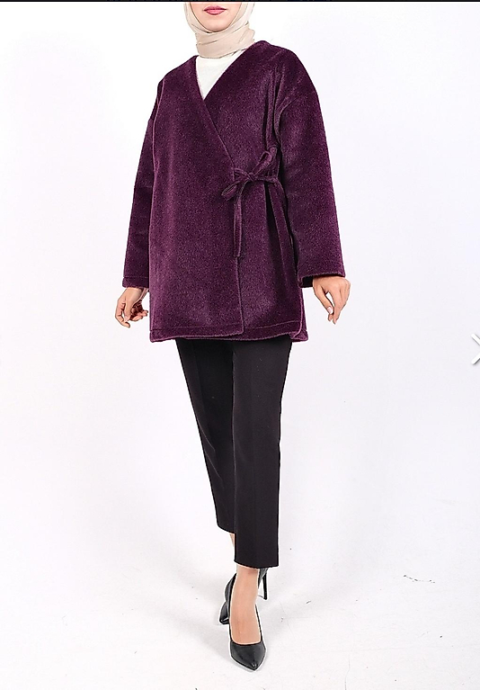 Beli Baglamali Yandan Kürklü Ceket Mürdüm renk