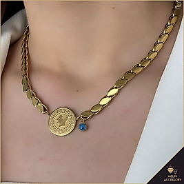 Göz Detaylı Çeyrekli  Arpa Zincir Modelli Gold Altın Kaplama Çelik Kolye