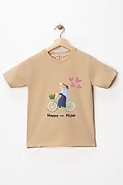 Kız Çocuk Kısa Kollu Bisiklet Yaka "Başörtümle Mutluyum" Baskılı Tişört Mevsimlik Pamuklu