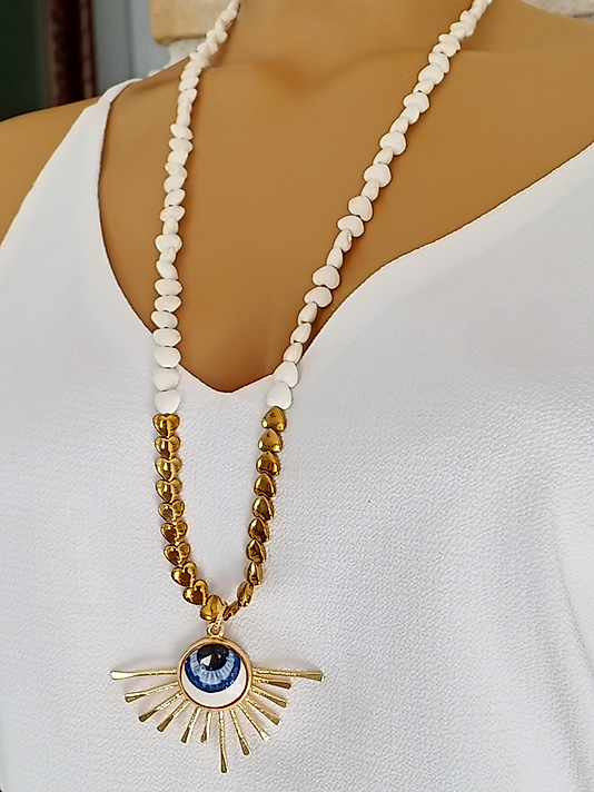 TURKUAZ ,HEMATİT, SERAMİK GÖZ UZUN KOLYE