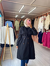 Düğme ve Bağlama Detaylı Trençkot Siyah