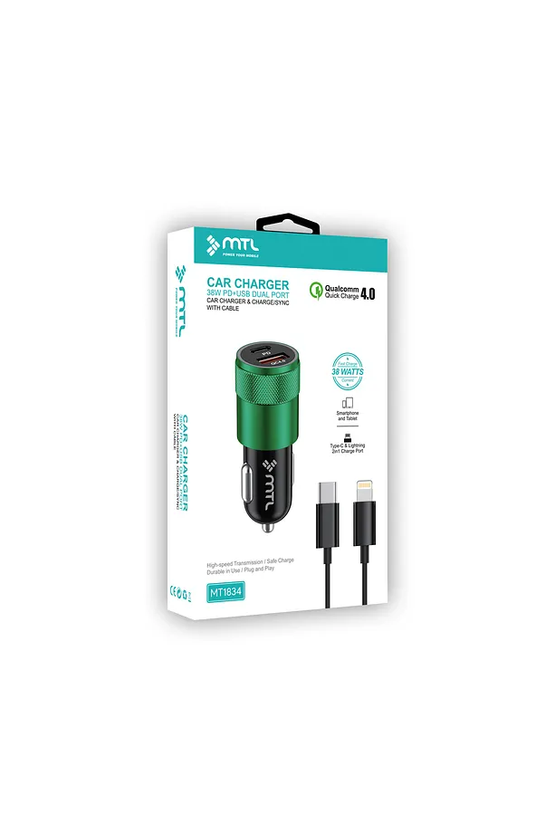 MTL Araç Şarj Cihazı 38 W PD + QC 4.0 Çift Çıkışlı + Type‑C to Lightning 1 m Kablo – Yeşil Metal MT1834