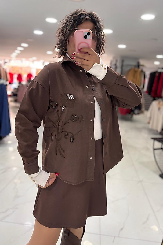 Kahverengi İşlemeli Gömlek Ceket