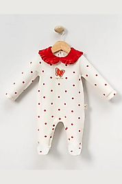 Kırmızı Puantiyeli Dantel Yakalı Ayaklı Kız Bebek Tulum 0-9 Ay Ekru
