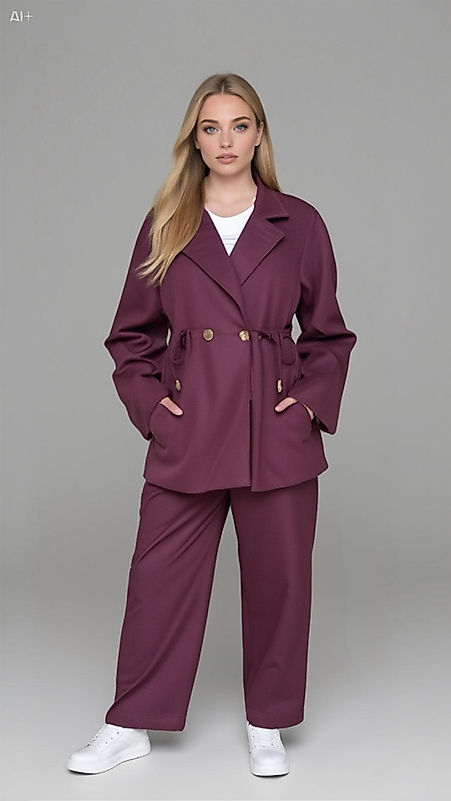 Düğme Detaylı Örme Kupra Bordo Takım