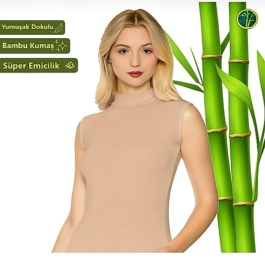 Kadın Atlet Sıfır Kol Boğazlı Balıkçı Yaka Bambu TEN RENGİ
