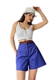 Rahat Kalıp Kemerli Mom Şort - MAVİ