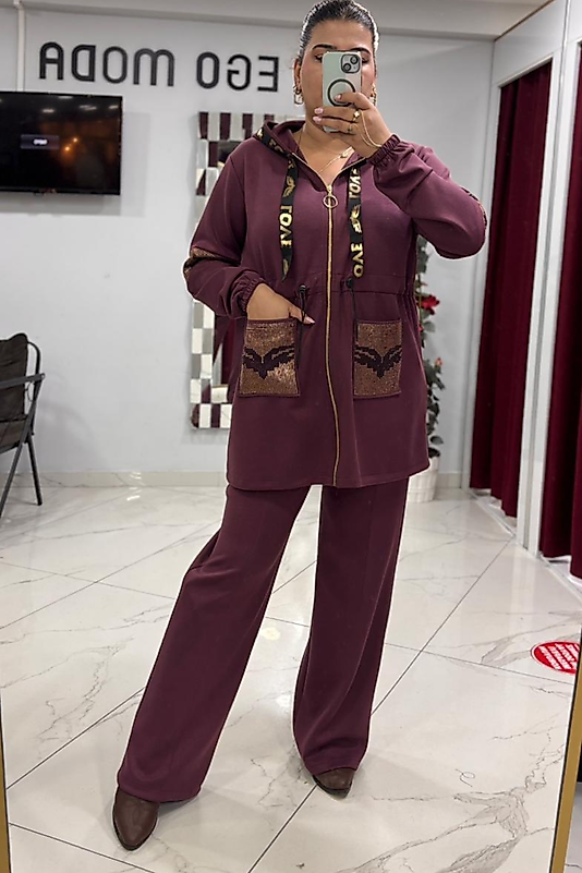 Taş Detaylı Kapüşonlu Bordo Takım