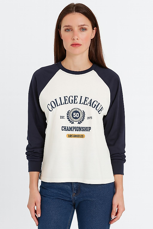 QUZU Reglan Kol Baskılı Bisiklet Yaka İnce Sweatshirt Ekru