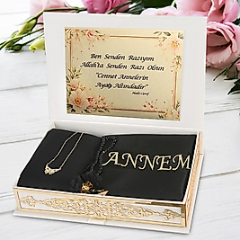 DK61 Canım Annem Lüks  Kutulu , İsme Özel Seccade, Pamuklu Şal, İnci Tesbih, Kolye