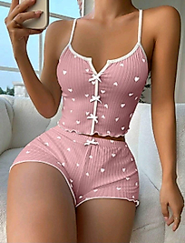 Kadın Pembe Kalpli Askılı Şortlu Pijama Takım 5009