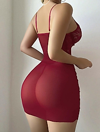 Kadın Kırmızı Fantezi Gecelik Tül Dantel Fiyonk Detaylı Askılı 2209