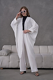 Taş Detaylı Yarım Çiçek Beyaz Kimono Takım