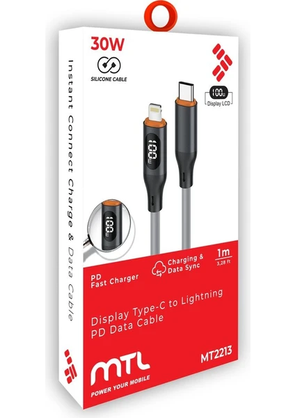 MTL Type-C to iPhone Watt Göstergeli Silikon Hızlı Şarj ve Data Aktarım Kablosu 1 Metre 30W MT2213