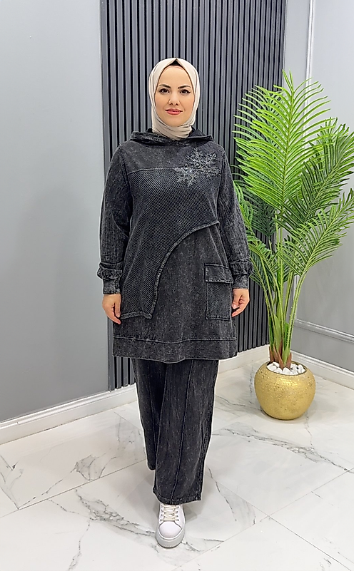 İthal Pamuk File Detaylı Kadın Takım – Siyah