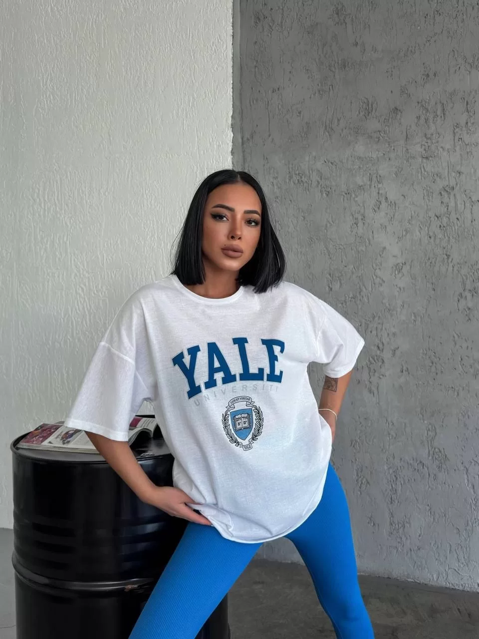 Unisex Bisiklet Yaka Baskılı Oversize T-Shirt - Beyaz