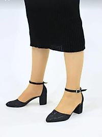 Kadın Ayakkabı Simli Cupra Kısa Topuklu Klasik Ayakkabı Günlük 5 CM Siyah Simli