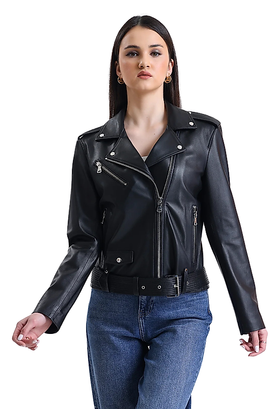 Faye Hakiki Deri Kadın Siyah Motorcu Tarzı Biker Ceket